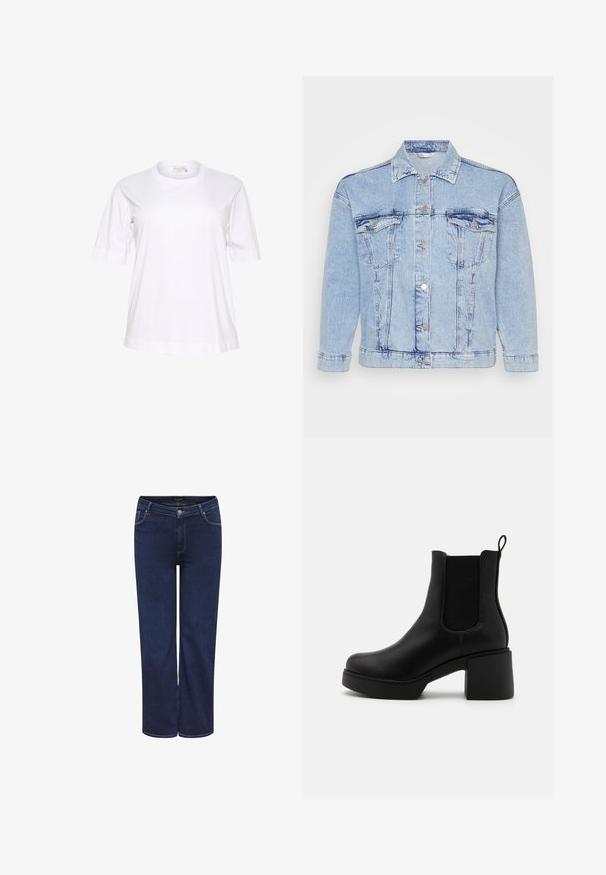 Veste en denim bleu clair avec un devant à boutons, deux poches poitrine et un col classique. Présente une texture vieilli et des boutons métalliques.; T-shirt en coton blanc à manches courtes avec un col rond, coupe décontractée et poignets roulés. Texture lisse et design minimaliste.; Jean en denim bleu foncé avec une coupe droite, design à cinq poches et fermeture à bouton en métal. Tissu de poids moyen avec une texture lisse.; Bottine noire avec une finition en cuir lisse, des panneaux latéraux élastiques et un talon rectangulaire épais. Dotée d'une languette de tirage pour un enfilage facile.
