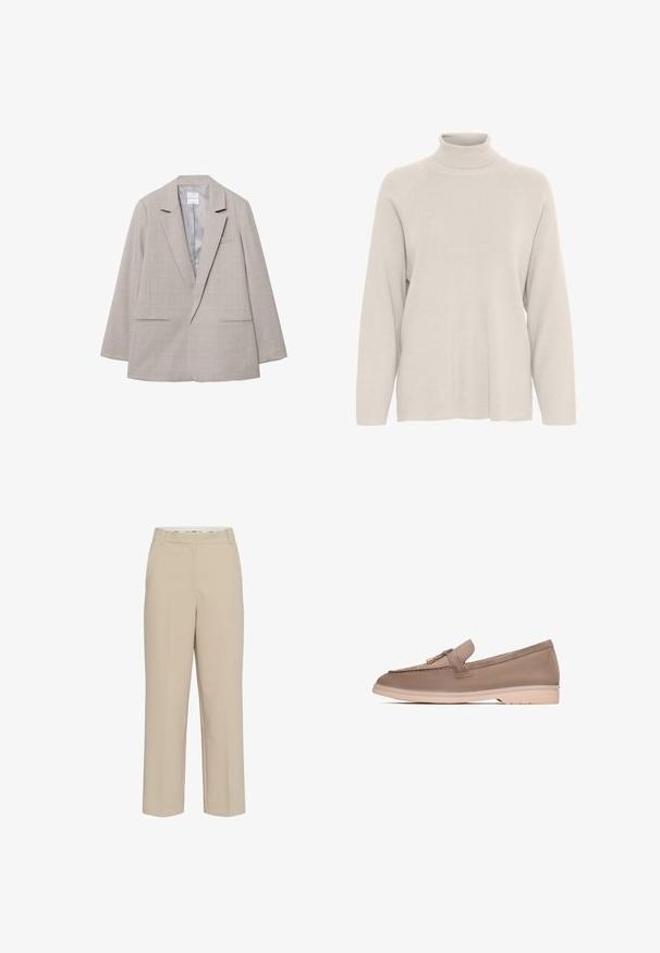 Lysegrå blazer lavet af tekstureret stof, med reverskrave, to forlommer og lukning med en enkelt knap, uforet indre.; Lysegrå turtleneck sweater med ribbet tekstur, lange raglanærmer og en afslappet pasform. Blødt materiale og en let oversized silhuet.; Beige skræddersyede bukser med lige ben, med bæltestropper og en skjult frontlukning, præsenteret på en hvid baggrund.; Brune læder loafer med en glat tekstur, der har et dekorativt bånd og guldfarvet hardware, hviler på en lys beige gummisål.