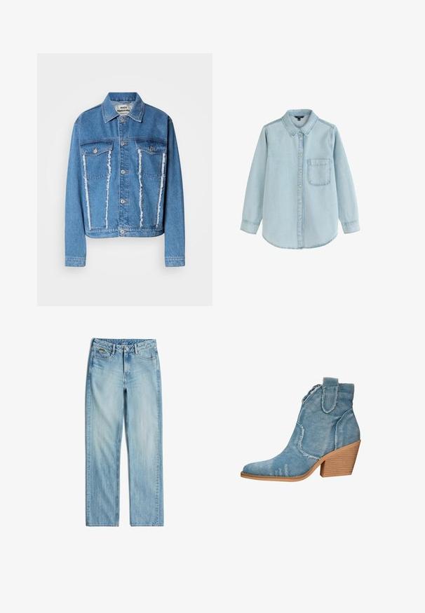 Denimjacke in Hellblau mit klassischem Kragen, verwaschenem Frontbereich, zwei Brusttaschen und silberfarbenen Knöpfen. Lange Ärmel.; Hellblaues Jeanshemd mit langen Ärmeln, Knopfleiste, einer Brusttasche vorne und klassischem Kragen, dargestellt vor weißem Hintergrund.; Hellblaue Jeans aus Denim mit geraden Beinen, vorne mit Knopf und Reißverschluss, Gürtelschlaufen sowie Vorder- und Hintertaschen.; Blaue Denim-Ankle-Boots mit spitzer Zehenform, distressed Textur und einem blockartigen Holzabsatz. Verfügt über seitliche Schlaufen für ein einfaches Anziehen.