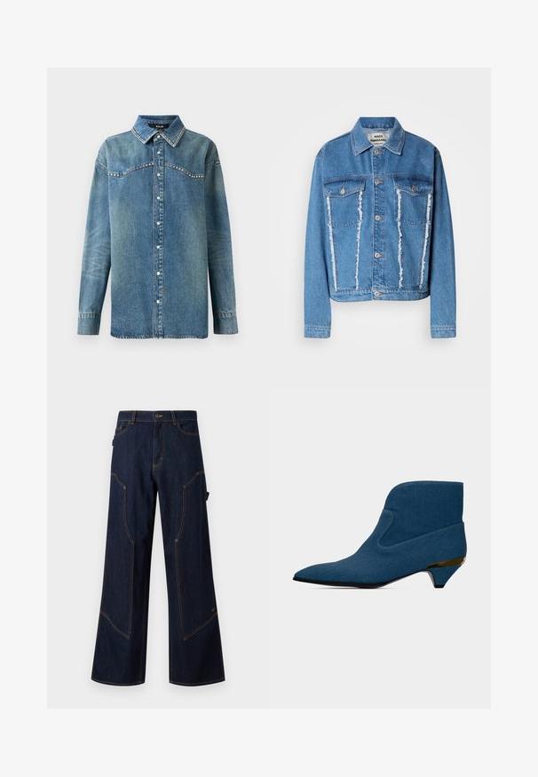 Denimjakke i lyseblå, med klassisk krave, slidte forside, to brystlommer og sølvfarvede knapper. Lange ærmer.; Blå denim skjorte med lange ærmer, trykknapper, spids krave og rhinsten-detaljer langs bærestykke og kravekanter.; Mørk denim-bukser med vide ben og kontrasterende orange syninger, med store lommer og knaplukning i taljen.; Blå ankelstøvle med spids tå, lav kittenhæl med gulddetalje og et glat, sømløst design.