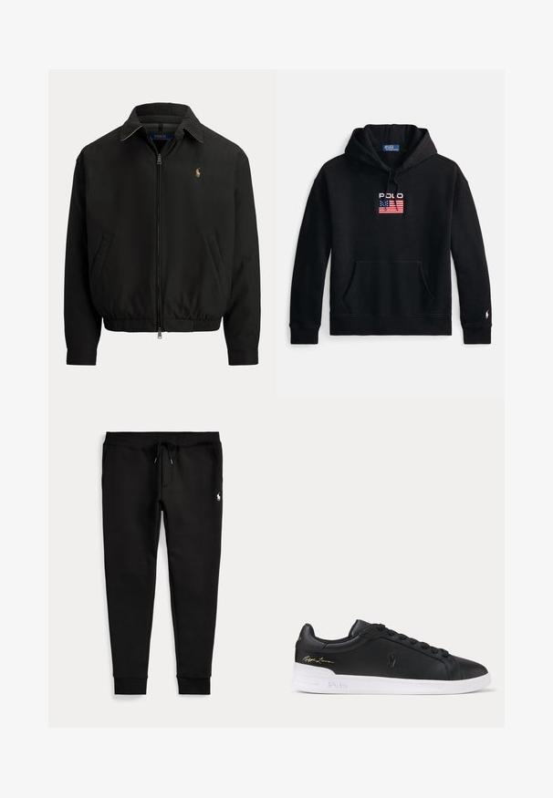 Zwarte jas met ritssluiting aan de voorkant, kraag, elastische zoom, zijzakken en klein geborduurd Polo Ralph Lauren-logo op de linkerborst.; Zwarte hoodie gemaakt van zachte stof, met een voorzak, trekkoordkap en een geborduurd "Polo"-logo met een ontwerp van de Amerikaanse vlag.; Zwarte joggerbroek met omgeslagen enkels, taille met trekkoord, zijzakken en klein wit polo-spelerlogo op de rechterdij.; Zwarte lage leren sneaker met zwarte veters, witte zool met Polo-opdruk en gouden Ralph Lauren-handtekening op de hiel.