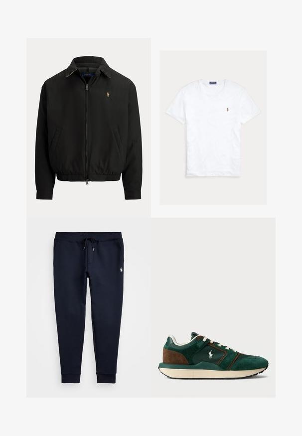 Must zipptes eesjakiga jakk jooksva kraega, elastse äärega, küljetaskutega ja väikese tikkitud Polo Ralph Laureni logoga vasakul rinnal.; Valge lühikeste varrukatega ümara kaelusega T-särk, millel on väike Polo Ralph Laureni tikitud logo vasakul rinnal ning sinine kaubamärgi silt krae sees.; Meresinised dressipüksid nööriga vöökohas, küljetaskud, kummiga pahkluudes ja väike valge hobuse logo paremal reiel.; Meeste spordijalatsid tumeroheline ja pruun nahk, koos võrkpaneelidega, valgete paeltega ja kummist tallaga. Küljel on logo.
