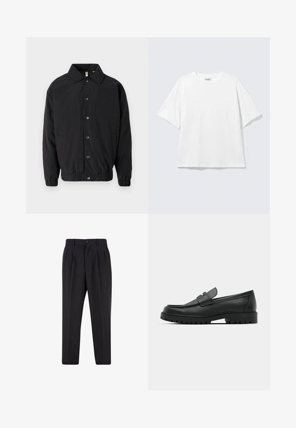 Veste noire avec un col, fermeture à boutons-pression sur le devant, poignets élastiques et poches latérales. Tissu lisse avec un design simple.; T-shirt blanc oversize à manches courtes, col rond, épaules tombantes, posé à plat sur fond gris clair.; Pantalon noir sur mesure avec plis à l'avant, passants pour ceinture et fermeture par bouton à la taille.; Mocassins en cuir noir à bout arrondi, avec un design cousu, une semelle plateforme basse et une semelle en caoutchouc texturée et crantée.
