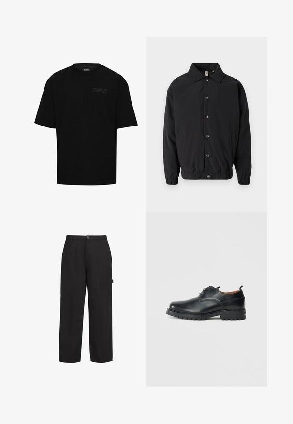 Veste noire avec un col, fermeture à boutons-pression sur le devant, poignets élastiques et poches latérales. Tissu lisse avec un design simple.; T-shirt en coton noir à manches courtes, col rond et logo discret "DROPSIZE" sur le côté gauche de la poitrine. Coupe standard.; Pantalons en coton noir avec une coupe relaxée, dotés de deux poches avant, d'une fermeture éclair et d'un bouton avant visible. Texture lisse, design à jambes droites.; Chaussures derby en cuir noir avec une texture lisse, bout rond, design à lacets et une semelle en caoutchouc épaisse et robuste.