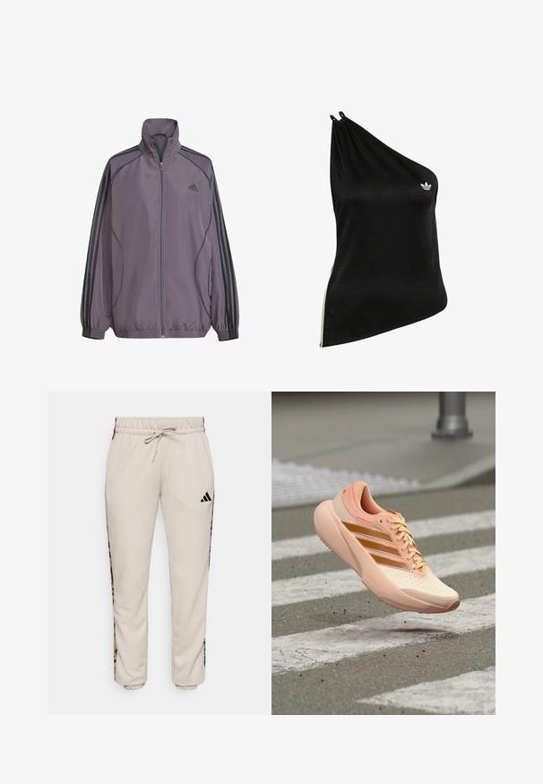 Lyse lilla polyesterjakke med høj krave, fuld lynlås, elastiske manchetter og tre sorte striber på skuldrene. Adidas-logo på brystet.; Sort ét-skulder top lavet af blødt, glat stof med et subtilt geometrisk mønster og en lille hvid logo på brystet.; Lys beige sweatpants lavet af blødt stof, med en snøre i taljen og sorte sideløbere med et leopardmønster.; Lys fersken løbesko med orange striber, midt i luften over et tekstureret fodgængerfelt på en asfaltvej.