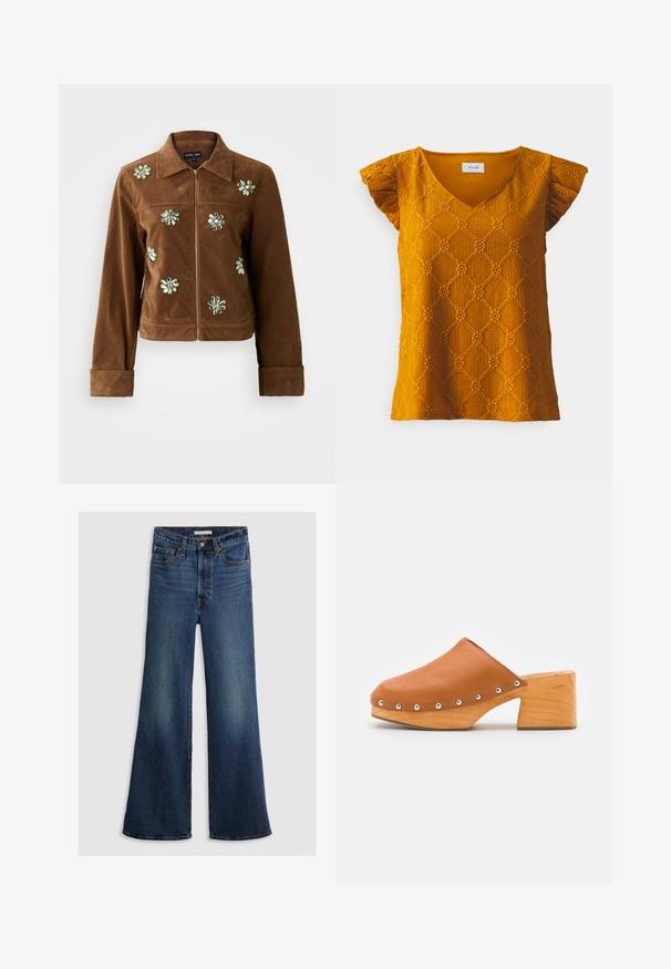 Bruine suède jas met een cropped snit, voorzien van geborduurde groene en heldere bloemmotieven, een kraag en een rits aan de voorkant.; Mosterdgele top met korte mouwen, V-hals en een getextureerd ruitpatroon. De stof is geweven met subtiele rimpels. Fluttermouwen voegen detail toe.; Wijde jeans in donkerblauw denim, met een hoge taille, vijf zakken en contrasterend stiksel langs de naden en tailleband.; ASRA JUDE - Clogs - spice tan