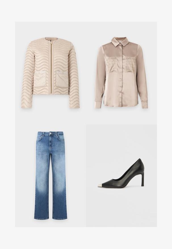 Veste matelassée beige avec surpiqûres ondulées, col rond, fermeture éclair devant et deux poches à rabat avec boutons-pression.; Blouse beige en satin à manches longues avec col pointu, boutons cachés et deux poches avant arborant un motif diamant subtil.; Jean en denim bleu taille haute avec un dégradé passant du bleu clair au bleu plus foncé, équipé de poches avant et d'une fermeture à bouton.; Chaussure à talon haut en cuir noir avec bout pointu et capuchon argenté métallique. Présente une finition lisse et un talon fin de 10 cm.