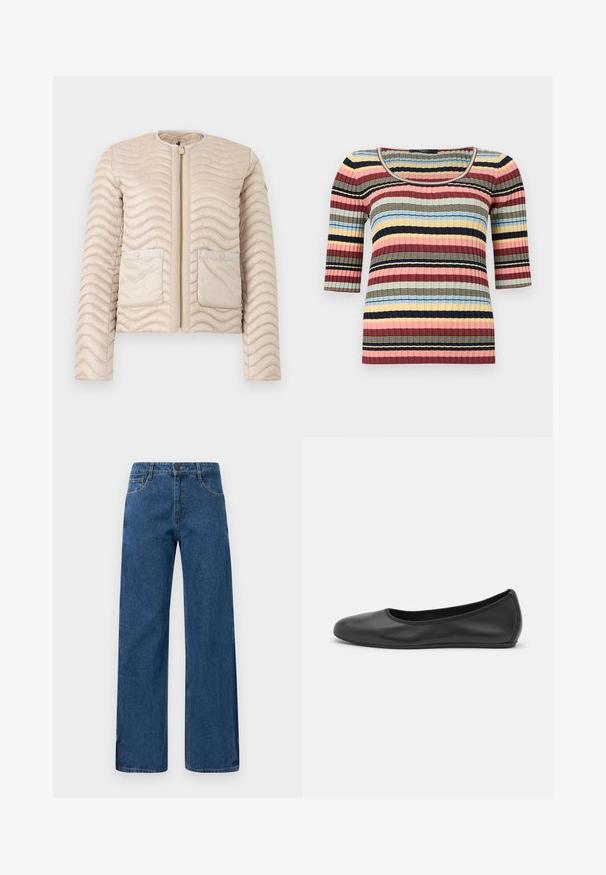Beige quiltet jakke med bølgemønster, rund krave, lynlås foran og to klaplommer med trykknapper.; Figursyet ribstrikket top med albuelange ærmer, rund halsudskæring og vandrette striber i marineblå, pink, gul, blå og beige.; Blå højtaljede vide ben-jeans med for- og baglommer, knaplukning og synlig syning på en hvid baggrund.; Sort læderballetsko med rund tå, glat tekstur, minimal syning og et fleksibelt såldesign.