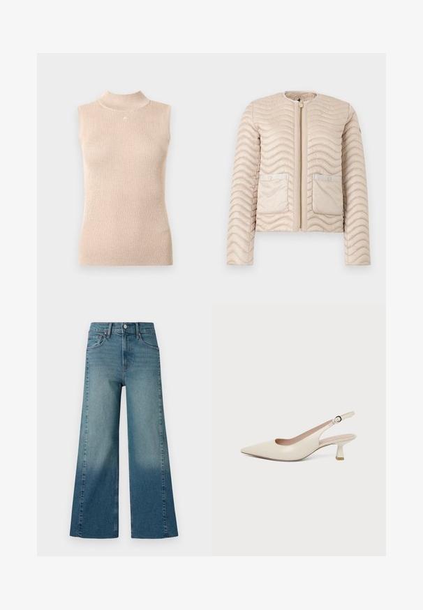 Veste matelassée beige avec surpiqûres ondulées, col rond, fermeture éclair devant et deux poches à rabat avec boutons-pression.; Haut sans manches à col montant en maille côtelée beige doux. Présente un léger éclat, une forme ajustée et un petit logo au niveau de l'encolure.; Jeans à jambe large dans un délavage bleu moyen, présentant un effet dégradé du plus foncé au plus clair. Fabriqués en denim avec un design traditionnel à cinq poches.; Chaussure slingback couleur crème à bout pointu avec un petit talon bas incurvé et une bride réglable à boucle.