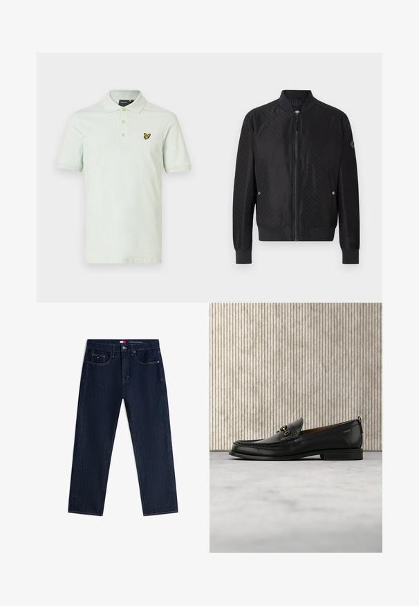 JOOP! ADAMS - Blouson Bomber - black; Polo vert clair en coton, avec une patte de boutonnage à trois boutons et un logo papillon jaune brodé sur la poitrine gauche.; Jean droit bleu marine avec poches avant, fermeture par bouton et petit logo sur la poche à monnaie droite.; Mocassin en cuir noir avec mors en métal doré et logo "HUGO", présenté sur un tapis beige et un meuble translucide marron.
