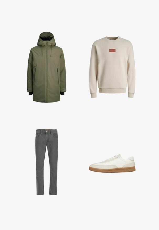Jack & Jones Wintermantel - grape leaf; Beige sweater met ronde hals, lange mouwen en geribbelde manchetten, met een kleine rode rechthoekige logopatch met de tekst "Jack&Jones Definition of Denim" op de borst.; Grijze denim jeans met een rechte pasvorm, vijf pocket ontwerp en een kleine metalen knoopsluiting. De stof heeft een gladde textuur en een lichte stretch.; Wit leren lage sneaker met beige accenten en een zool van gumrubber, zijaanzicht, platte veters en een gestructureerd zoolpatroon.