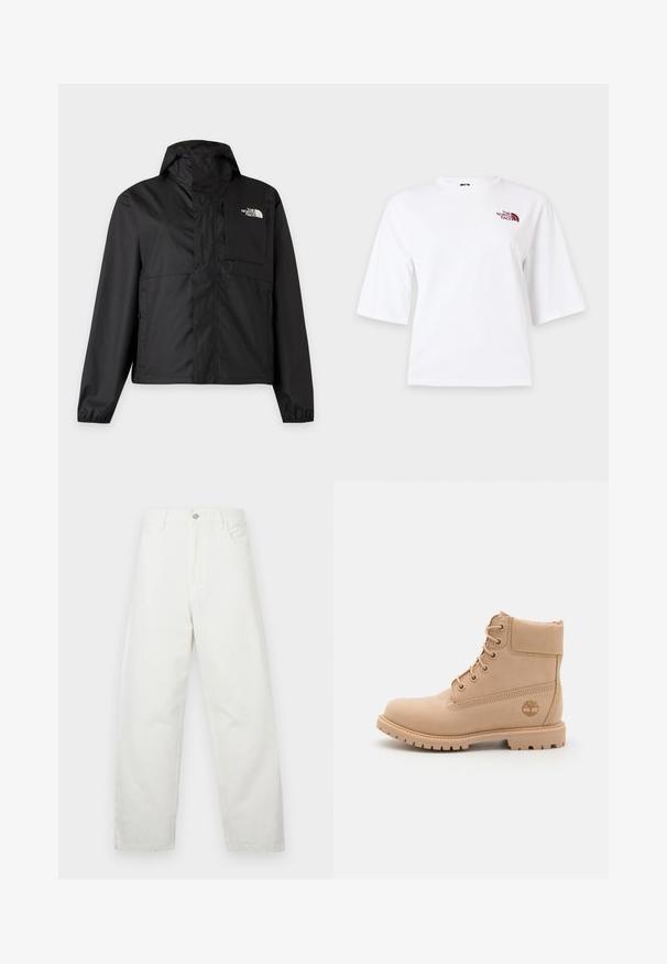 Čierna ľahká bunda s kapucňou, predným zipsom, elastickými manžetami a logom The North Face na ľavej náprsnej vrecku.; Biele tričko s krátkym rukávom, okrúhlym výstrihom a malým bordovým logom "The North Face" na hornej ľavej časti hrudníka.; Biele džínsové nohavice s širokými nohavicami vyrobené z bavlny, so štandardným dizajnom s piatimi vreckami a kovovým gombíkom na zapínanie v páse. Hladká textúra.; Timberland PREMIUM - Členkové šnurovacie čižmy - light beige