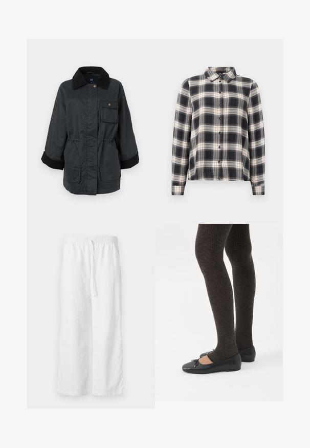 Chaqueta de tela negra con un collar de pana, cintura elástica y dos bolsillos frontales; cuenta con puños acanalados y un cierre de botones a presión.; Camisa de cuadros de manga larga en azul marino, blanco y beige. Presenta un cuello estándar, cierre frontal con botones y una tela suave con un patrón de cuadros.; Pantalones anchos de textura blanca con cintura elástica y cordón ajustable. Diseño simple y minimalista, sin adornos.; Piernas con leggings oscuros acanalados combinados con bailarinas negras que presentan pequeños detalles de lazo sobre un fondo blanco.