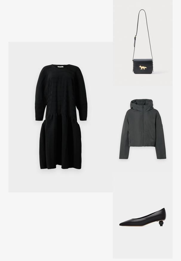 Tumehall cropped puffer jakk, kapuutsiga, ees oleva tõmbluku ja pikkade varrukatega, esitatud valgel taustal.; Must mustriiniga midi kleit pikkade varrukatega, gathered vöökoht ja ümar kaelus, esitatud valge tausta peal.; Must kõrge kontsaga jalanõu, millel on ainulaadne ümar skulptuurne konts ja sile nahast ülaosa, külje pealt valgel taustal.; Must nahast üleõlakott pikkade reguleeritavate rihmadega ja kuldse rebase silueti detailiga esiklapil.
