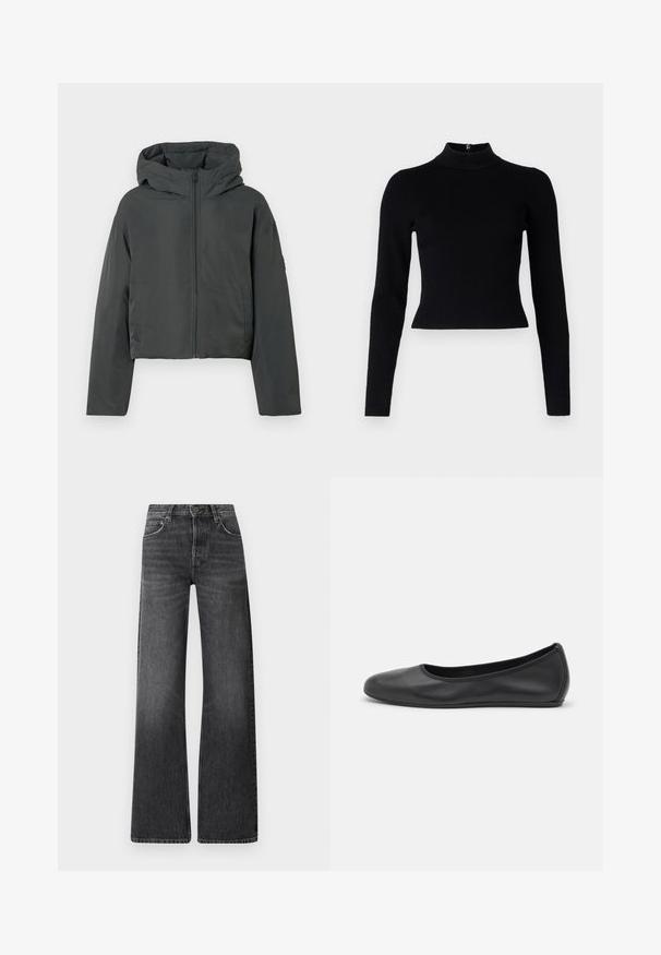 Mørkegrå cropped pufferjakke med hætte, frontlynlås og lange ærmer, vist på en hvid baggrund.; Sort ribbet turtleneck sweater med lange ærmer og en tætsiddende silhuet, der har en glat overflade og en lynlåsdetalje på ryggen.; Sorte denim jeans med høj talje og bred ben-design. Har fem lommer og en subtil falmet tekstur med kontrastfarvet syninger.; Sort læderballetsko med rund tå, glat tekstur, minimal syning og et fleksibelt såldesign.