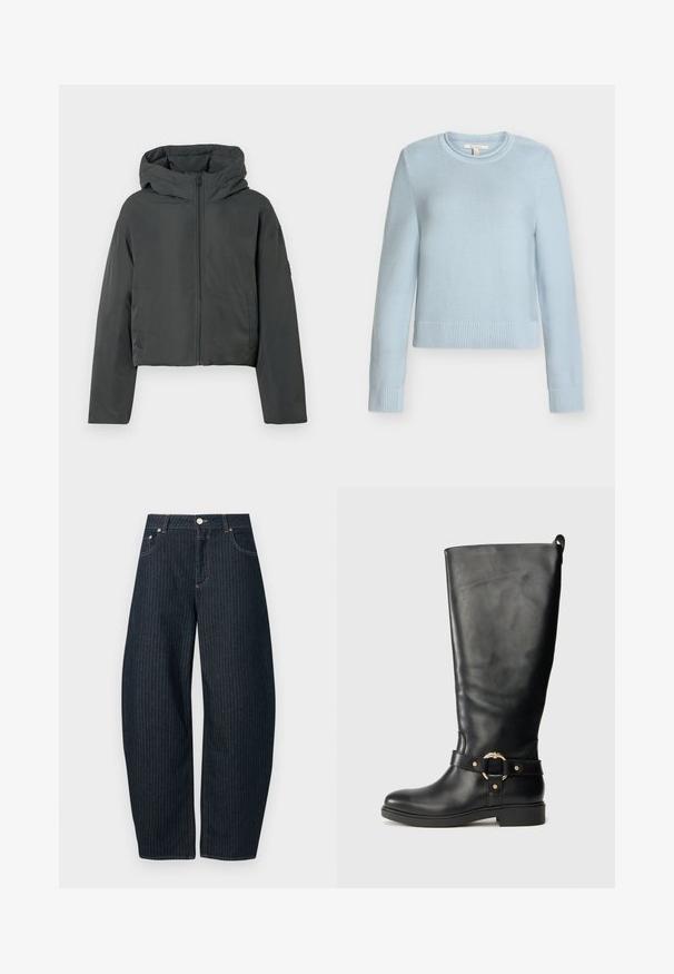 Veste en duvet courte gris anthracite avec capuche, fermeture éclair avant et manches longues, présentée sur un fond blanc.; Pull en maille bleu clair à col rond avec manches longues et poignets et ourlet côtelés, présenté sur fond blanc.; CLOSED JAZZIE - Jean boyfriend - dark blue; Botte en cuir noir haute avec un talon bas et un détail décoratif de bague en or et de sangle autour de la cheville.