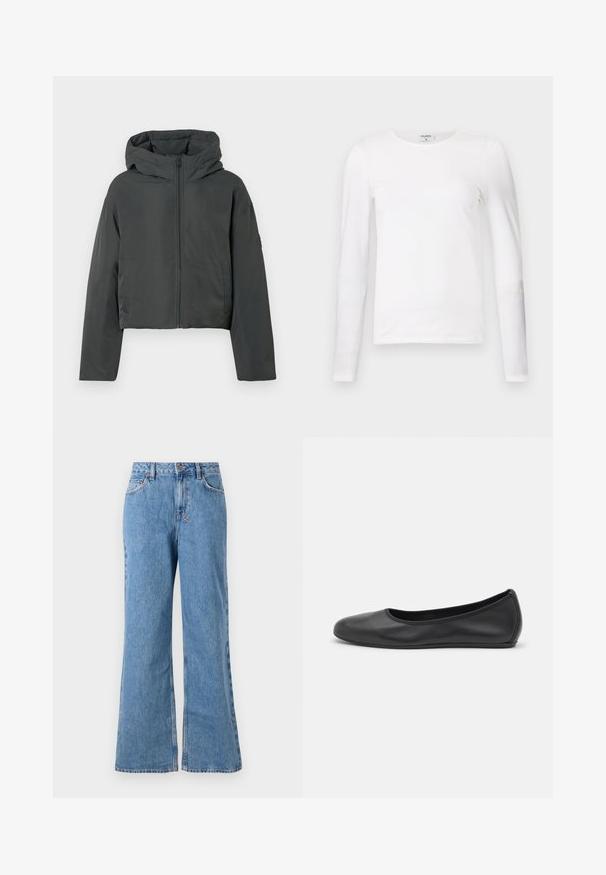 Mørkegrå cropped pufferjakke med hætte, frontlynlås og lange ærmer, vist på en hvid baggrund.; Hvid langærmet t-shirt lavet af blødt bomuld, med en rund halsudskæring og en slim fit design med rene sømme og uden synlige mønstre.; Lyseblå denim wide-leg jeans med høj talje, der har en knap- og lynlåslukning, forlommer og en slidt tekstur.; Sort læderballetsko med rund tå, glat tekstur, minimal syning og et fleksibelt såldesign.