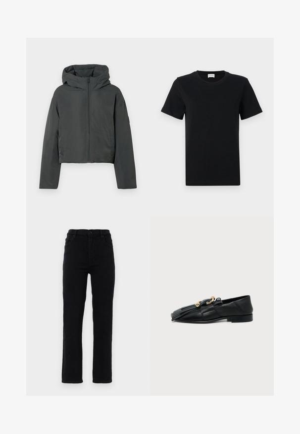 Donkergrijze cropped pufferjack met capuchon, voorrits en lange mouwen, weergegeven op een witte achtergrond.; Zwart katoenen t-shirt met korte mouwen en een ronde hals, met een subtiele logodetail op de onderste voorkant, en een rechte zoom.; Zwarte denim jeans met rechte benen, een middelhoge taille en vijf zakken. Voorzien van een knoopsluiting aan de voorkant en riemlussen.; Zwarte leren loafer met puntige neus, franjesdetail en gouden bol- en ringversieringen op een effen achtergrond.