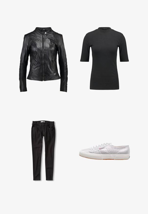Maze Leren jas - black; Zwarte geribbelde T-shirt met een hoge hals en korte mouwen. Gladde, aansluitende pasvorm zonder patronen of zichtbare hardwaredetails.; Zwarte denim jeans met een rechte pasvorm, voorzien van een standaard tailleband, riemlussen en twee voorzakken. Glad textuur, minimale hardware.; Zilveren glitter sneakers met een witte rubberen zool, voorzien van een ronde neus, vetersluiting en een logo-patch aan de zijkant.