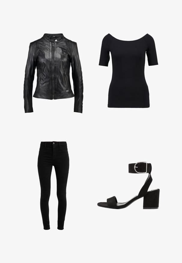 Maze Læderjakker - black; Sort kortærmet top med off-the-shoulder halsudskæring, tætsiddende design og glat tekstur. Ingen synlige mønstre eller hardwaredetaljer.; Sorte skinny jeans lavet af denim, med høj talje, fem-lomme design og knaplukning. Glat tekstur, uden synlige mønstre.; Sorte ruskinds hælede sandaler med ankelrem, sølv spænde, åben tå og blokhæl. Flad sål og minimalistisk design.