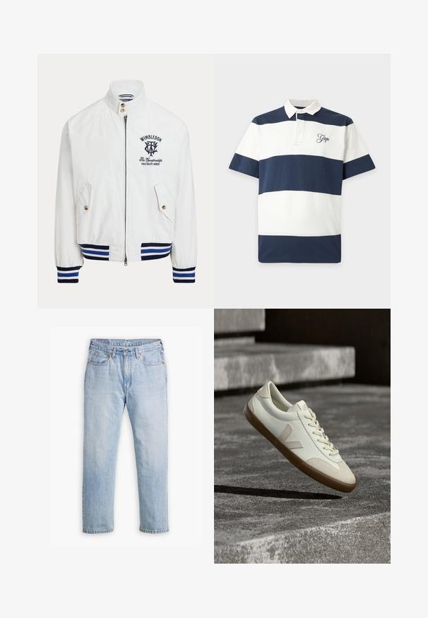 Weisse Jacke mit Reißverschluss, navyblaue gestreifte Bündchen und Saum, vorne Taschen mit Knöpfen und Wimbledon Polo Ralph Lauren-Logo auf der Brust.; Kurzärmeliges Poloshirt mit breiten marineblauen und weißen horizontalen Streifen sowie dem auf der linken Brustseite aufgestickten "Gap"-Logo.; Helle blaue Denim-Jeans mit geradem Bein, im Fünf-Taschen-Stil und kontrastierenden Nähten. Knopf- und Reißverschluss an der Taille.; Weiße Leder-Sneaker mit beige-gummiartiger Sohle, flachen Schnürsenkeln und V-förmigem Akzent an der Seite. Verfügt über eine glatte Oberfläche und minimale Nahtdetails.
