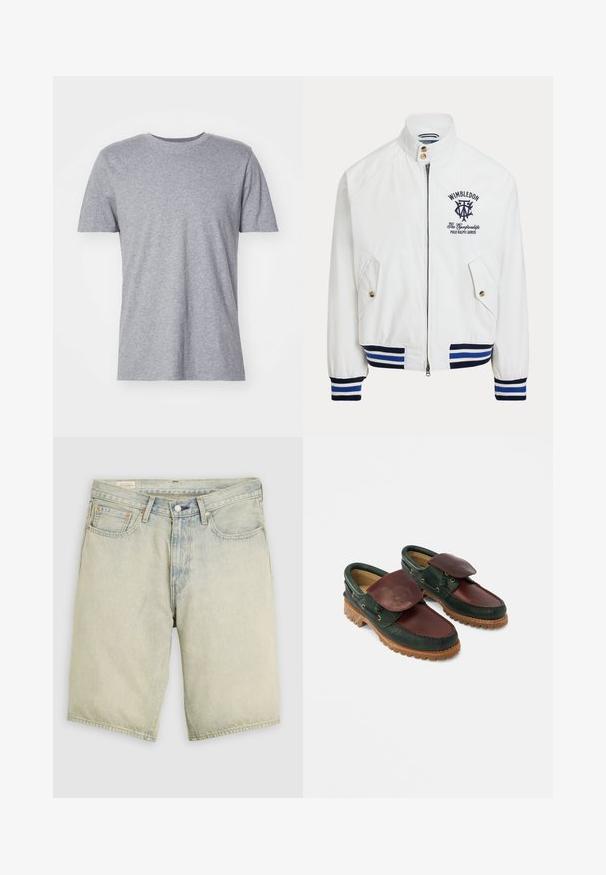 Biely zipsový kabát so stiahnutými pásikmi v námorníckej modrej farbe na rukávoch a leme, predné vrecká na gombíky a logo Wimbledon Polo Ralph Lauren na hrudi.; Šedé, krátke tričko s krátkymi rukávmi vyrobené z bavlnenej zmesi, s klasickým okrúhlym výstrihom a hladkou, jemnou textúrou.; Svetlomodré denimové kraťasy so zapínaním na zips vpredu, kovovým gombíkom, pútkami na opasok a dizajnom s piatimi vreckami, zobrazené na jednofarebnom pozadí.; Kožené topánky s tmavozeleným telom a burgundským vrchom, okrúhlym špičkou, zapínacou chlopňou a textúrovanou gumovou podrážkou s ryhami.