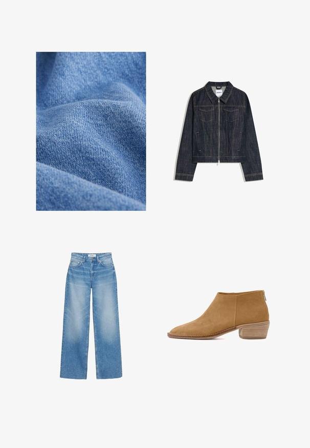Veste en denim bleu foncé avec fermeture éclair frontale, deux poches poitrine à rabats et poches fendues verticales, avec des surpiqûres contrastantes et un col classique.; Tissu en denim bleu avec une texture douce, présentant un motif de tissage serré et des variations subtiles de teinte. Aspect froissé avec des plis.; Jeans bleu clair à jambes larges en denim, avec une taille haute, un léger effet délavé et un design classique à cinq poches avec des accents en cuivre.; Bottines en daim beige avec un bout effilé, fermeture éclair à l'arrière et un talon en bois empilé. Texture lisse et design minimaliste.
