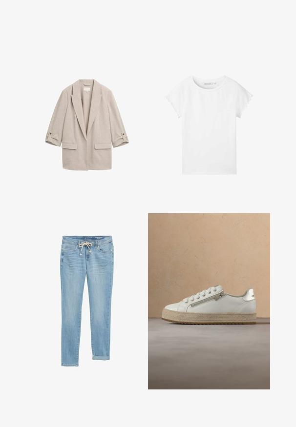 TOM TAILOR Halflange jas - taupe/black structure; TOM TAILOR DENIM MIT ÄRMELDETAILS - T-shirt basic - white; Lichtblauwe denim jeans met een rechte pasvorm, elastische drawstring taille, opgerolde cuffs en front pockets. Ontworpen met subtiele vervagingen.; Witte leren sneaker met beige gestructureerde zool, voorzien van een ritssluiting aan de zijkant en veters, hangend boven een neutrale vloer en een houten tafel.