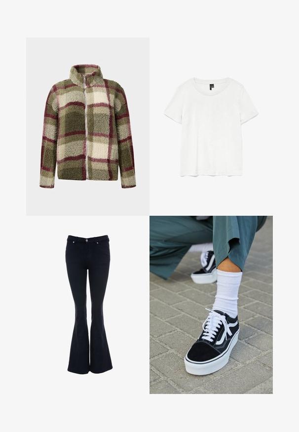Fleecejakke med høj krave, der har et ternet mønster i grøn, creme og maroon. Fuldt lynlås lukning og tekstureret overflade.; Hvid kortærmet t-shirt med rund halsudskæring, lavet af letvægtsstof. Enkel design, glat tekstur og lige kant.; Udstoppede mørkeblå jeans lavet af denim, med høj talje, fem-lomme design og knaplukning med sølv nitter.; Sorte ruskinds sneakers med hvide accenter og snørebånd, der har en tyk hvid sål og kontrasterende syninger, parret med en hvid sok.