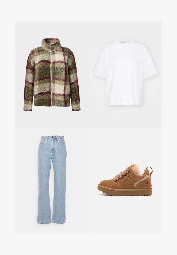 Veste en polaire avec un col haut, présentant un motif à carreaux en vert, crème et bordeaux. Fermeture éclair intégrale et surface texturée.; T-shirt en coton blanc avec un col rond, des manches courtes et une coupe décontractée. Présente un logo discret sur la zone gauche de la poitrine. Texture lisse.; Jeans en denim bleu clair à taille haute, au design à jambes larges, présentant des passants de ceinture, une fermeture à bouton sur le devant et un style classique à cinq poches.; Baskets en suède marron avec des accents en mesh, des lacets texturés et une semelle en caoutchouc ; comportent un col rembourré et une languette à l'arrière.