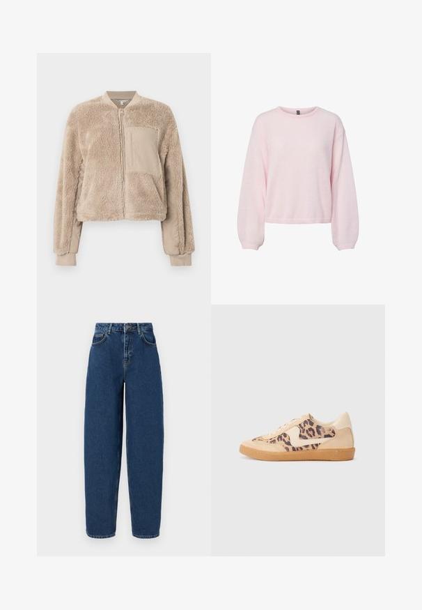 Beige bomberjakke med blød, fluffy tekstur på kroppen og glat stof på ærmerne. Har en forlommer og ribstrikkede manchetter.; Lyserød strikket sweater med lange ballonærmer, ribstrikkede manchetter, rund halsudskæring og let kortet kant.; Mørkeblå denim jeans med høj talje, bred benpasform, fem-lomme design og kontrasterende syninger. Klassisk lynlås og knaplukning.; Leopardprint sneakers med beige ruskindsoverdel, tan gummisål og hvide detaljer. Rund pegefinger og snørebåndsdesign med en tekstureret finish.