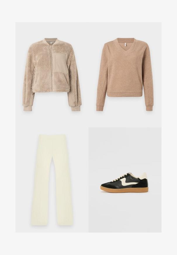 Veste aviateur beige avec une texture douce et duveteuse sur le corps et un tissu lisse sur les manches. Comprend une poche avant et des poignets côtelés.; Pull beige côtelé avec un col en V, manches longues et poignets ajustés. Texture douce avec une coupe légèrement ample et un ourlet droit.; Pantalon en maille couleur crème avec jambe évasée et texture verticale côtelée, posé à plat sur fond blanc.; Baskets en daim et cuir noir avec un swoosh latéral crème et un talon crème clair. Dotées de lacets beige et d'une semelle en caoutchouc gomme.