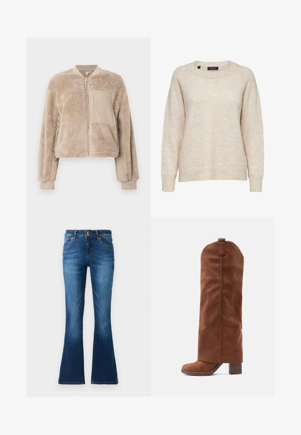 Veste aviateur beige avec une texture douce et duveteuse sur le corps et un tissu lisse sur les manches. Comprend une poche avant et des poignets côtelés.; Pull beige à manches longues en mélange de laine avec col rond, poignets et ourlet côtelés, taille moyenne, étiquette indiquant "Selected Femme."; Jean flare en denim bleu avec poches avant, passants de ceinture et fermeture double bouton, présenté sur un fond uni.; Botte hauteur genou en suède marron avec un talon épais empilé et une languette à l'extrémité, sur fond blanc.