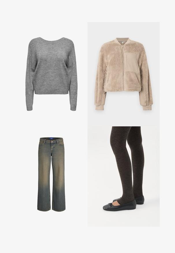 Veste aviateur beige avec une texture douce et duveteuse sur le corps et un tissu lisse sur les manches. Comprend une poche avant et des poignets côtelés.; Pull en maille gris doux avec manches longues, encolure ronde, et poignets et ourlet côtelés, présenté de face sur un fond blanc.; Jean en denim bleu à jambes larges avec un dégradé du clair au foncé, design à cinq poches et fermeture à glissière. Détails cousus sur les bords.; Jambes portant des leggings côtelés foncés associés à des ballerines noires avec de petits détails en nœud sur fond blanc.
