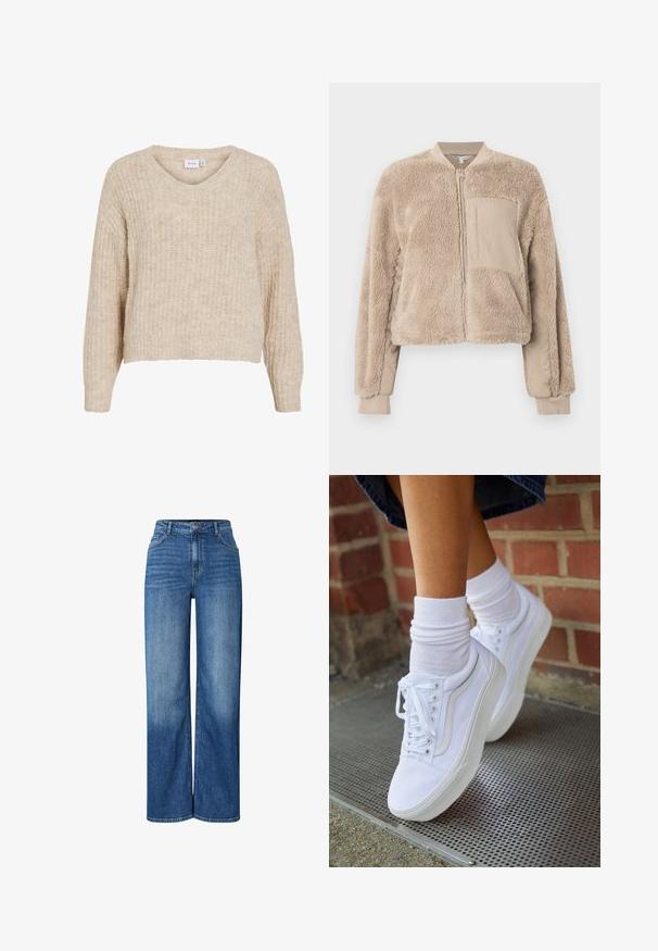 Veste aviateur beige avec une texture douce et duveteuse sur le corps et un tissu lisse sur les manches. Comprend une poche avant et des poignets côtelés.; Pull beige en maille avec un col en V et des manches longues. Présente un motif texturé et une coupe courte. Fabriqué en matière douce et chaude.; Jeans en denim bleu à jambe large avec taille haute, présentant des zones décolorées, un design traditionnel à cinq poches et une fermeture à bouton à l'avant.; Baskets en toile blanches avec semelles en caoutchouc, dotées de six œillets, d'un bout rond et de détails de couture légers, portées avec des chaussettes blanches mi-mollet.