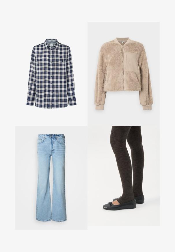 Beige bomberjakke med blød, fluffy tekstur på kroppen og glat stof på ærmerne. Har en forlommer og ribstrikkede manchetter.; Skjorte i ternet flannel i navy, hvid og rød. Lange ærmer, knappelukning foran, to brystlommer og et diskret logo ved kanten.; Lyseblå jeans med flared ben, lavet af denim, med knapper foran, fem lommer og diskret falmet effekt.; Ben iført mørke ribbede leggings kombineret med sorte balletsko med små sløjfedetaljer på hvid baggrund.