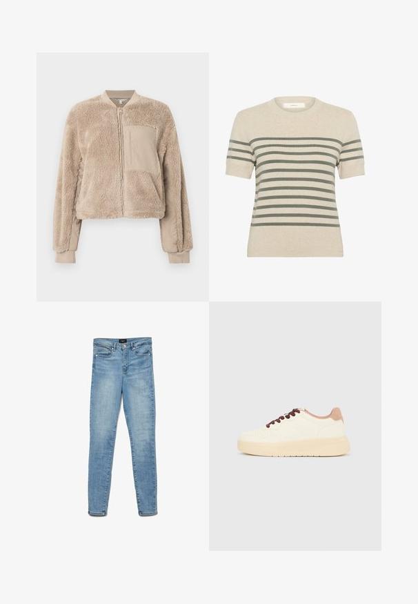 Beige Bomberjacke mit weicher, flauschiger Oberfläche am Körper und glattem Stoff an den Ärmeln. Mit einer Taschen vorne und gerippten Bündchen.; Beige Kurzarmpullover mit horizontalen olivgrünen Streifen, runder Ausschnitt und gerippten Säumen. Weiche Textur, lässiges Strickdesign.; Helles, ausgewaschenes Skinny-Jeans in Blau mit Knopfverschluss vorne und Fünf-Taschen-Design, flach auf einem weißen Hintergrund ausgelegt.; Beiger Sneaker in niedriger Ausführung mit dicker Sohle, perforierter Spitze, pinkfarbenem Fersenkragen und dunkelbraunen Schnürsenkeln vor schlichtem hellgrauem Hintergrund.