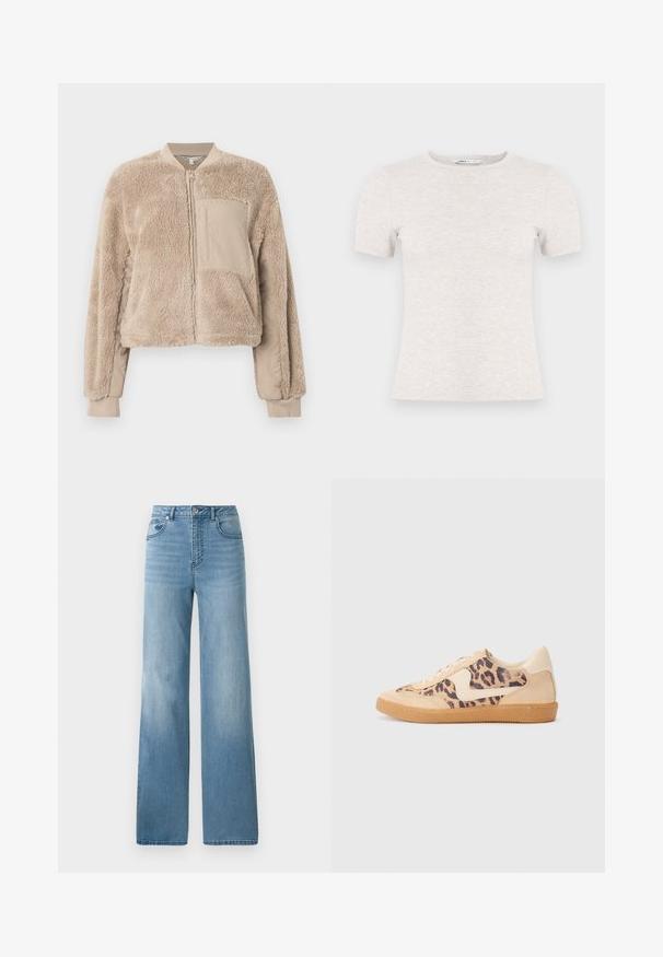 Beige Bomberjacke mit weicher, flauschiger Oberfläche am Körper und glattem Stoff an den Ärmeln. Mit einer Taschen vorne und gerippten Bündchen.; Hellgraues, kurzärmliges T-Shirt aus Rippstoff mit Rundhalsausschnitt. Schlichtes Design, glatte Textur, keine sichtbaren Muster oder Akzente.; Helleblaue hochtaillierte Jeans mit geradem Bein. Aus Denim gefertigt, mit fünf Taschen und einem Knopfverschluss.; Löwenmuster-Sneaker mit beige Wildleder-Obermaterial, tanfarbener Gummisohle und weißen Akzenten. Runde Zehenform und Schnürdesign mit strukturiertem Finish.