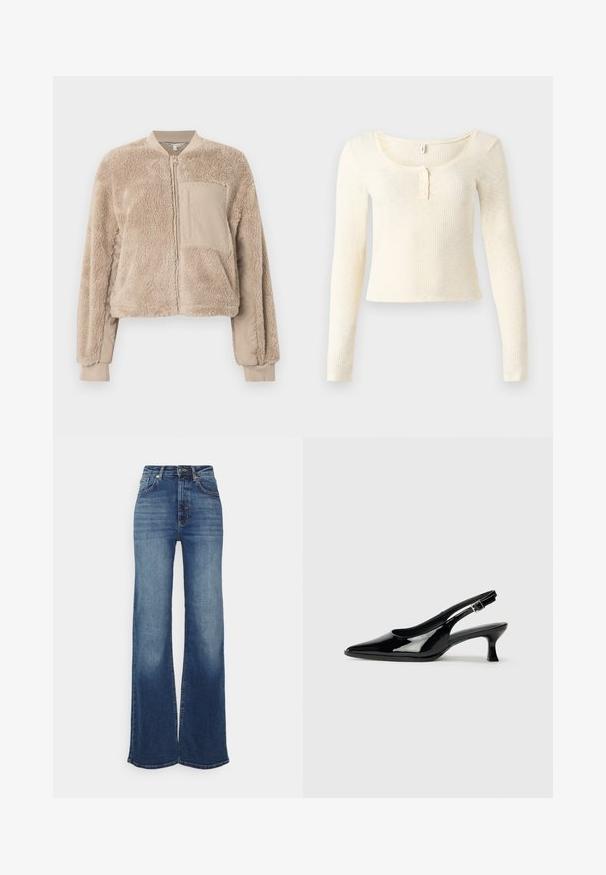 Beige Bomberjacke mit weicher, flauschiger Oberfläche am Körper und glattem Stoff an den Ärmeln. Mit einer Taschen vorne und gerippten Bündchen.; Langärmliges, geripptes Strickoberteil in hellem Creme; mit rundem Ausschnitt und einer Leiste mit drei Knöpfen. Weiche Textur und figurbetontes Design.; Weite Jeans in mittelblauem Denim. Hoch geschnitten mit glatter Oberfläche, verblasstem Vorderteil und subtilen Stickdetails. Mit einem Knopf am Bund geschlossen.; Schwarze Lackleder Slingback-Schuhe mit spitzem Zehenbereich und niedrigem Blockabsatz. Verstellbarer Riemen mit Schnalle am Knöchel.