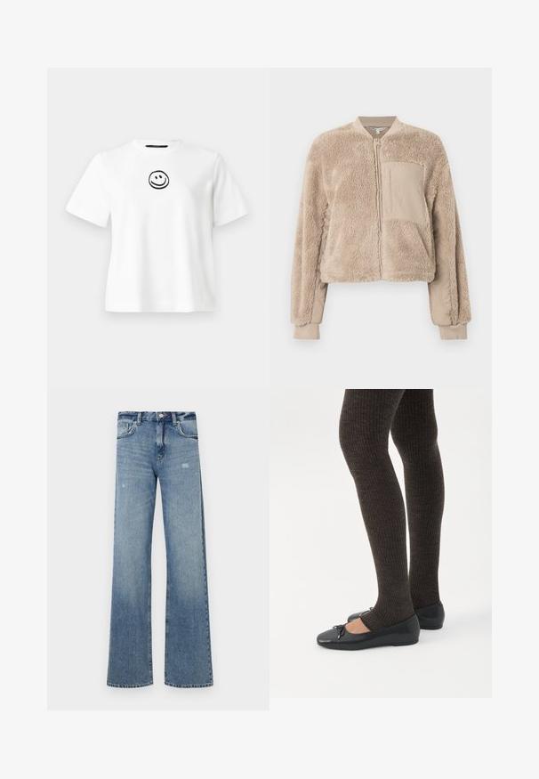 Veste aviateur beige avec une texture douce et duveteuse sur le corps et un tissu lisse sur les manches. Comprend une poche avant et des poignets côtelés.; T-shirt en coton blanc avec des manches courtes, un col rond et un smiley noir brodé au centre. Texture lisse.; Jean en denim bleu clair avec une taille haute, une coupe large, un léger effet usé et une structure classique à cinq poches.; Jambes portant des leggings côtelés foncés associés à des ballerines noires avec de petits détails en nœud sur fond blanc.