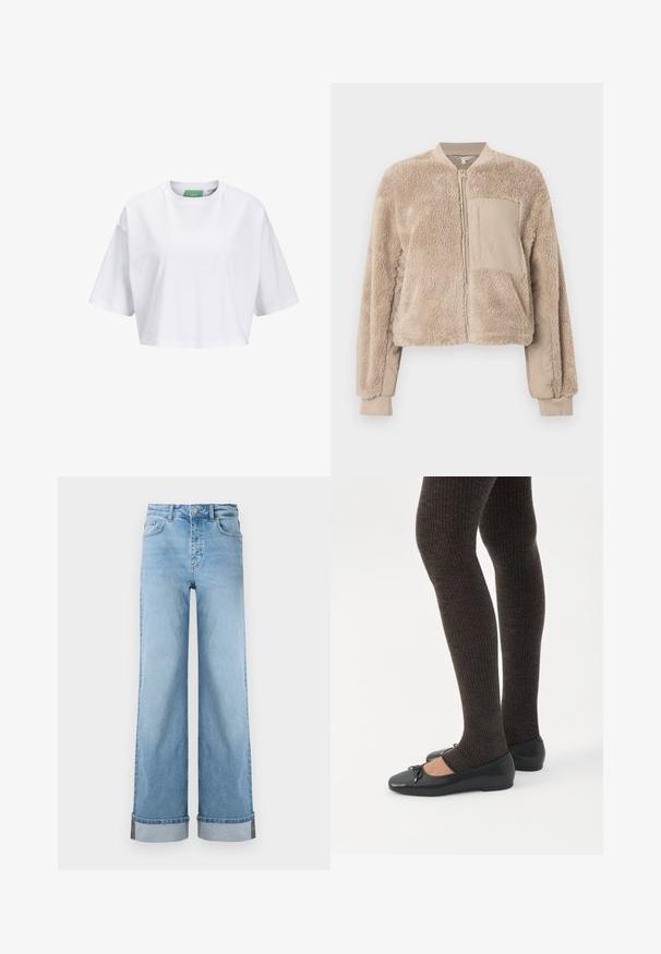 Beige bomberjakke med blød, fluffy tekstur på kroppen og glat stof på ærmerne. Har en forlommer og ribstrikkede manchetter.; Hvid cropped t-shirt lavet af bomuld, med korte ærmer og rund hals. Grøn label indeni med synligt mærkenavn.; Lyseblå, vide jeans i klassisk denim med høj talje, prydet med opbrettede kanter og synlig søm.; Ben iført mørke ribbede leggings kombineret med sorte balletsko med små sløjfedetaljer på hvid baggrund.