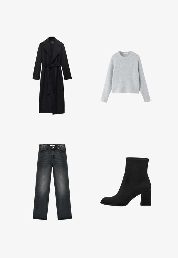 Schwarzer Wollmischung langer Mantel mit Taillengürtel, breiten Revers und langen Ärmeln. Verfügt über ein sauberes, minimalistisches Design und eine lockere Silhouette.; Hellgrauer, flauschiger Strickpullover mit langen Ärmeln und rundem Ausschnitt, flach auf weißem Hintergrund liegend.; Schwarze Jeans aus Denim mit lockerer Passform, geraden Beinen und leichter Ausbleichung. Verfügt über einen Knopfverschluss und ein fünf Taschen-Design für Funktionalität.; Schwarze Knöchelstiefel mit Blockabsatz, aus weichem Wildleder. Mit einer abgerundeten Zehe und glatten Seitenpaneelen mit detaillierter Naht.