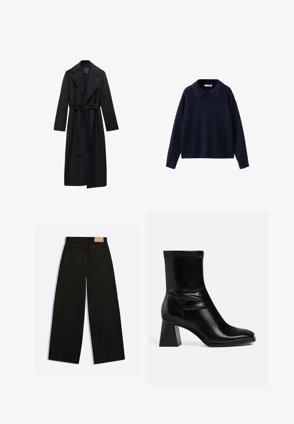 Zwarte wollen blend lange jas met een ceintuur in de taille, brede revers en lange mouwen. Heeft een schone, minimalistische stijl en een relaxte pasvorm.; Marineblauwe gebreide trui met lange mouwen, een brede, puntige kraag en een losse pasvorm, tegen een witte achtergrond.; Zwarte jeans met wijde pijpen, van achteren gezien met twee achterzakken en een bruin leren merkpatch op de tailleband.; Zwarte leren enkellaars met vierkante blokhak en afgeronde neus, zijaanzicht op een effen lichte achtergrond.