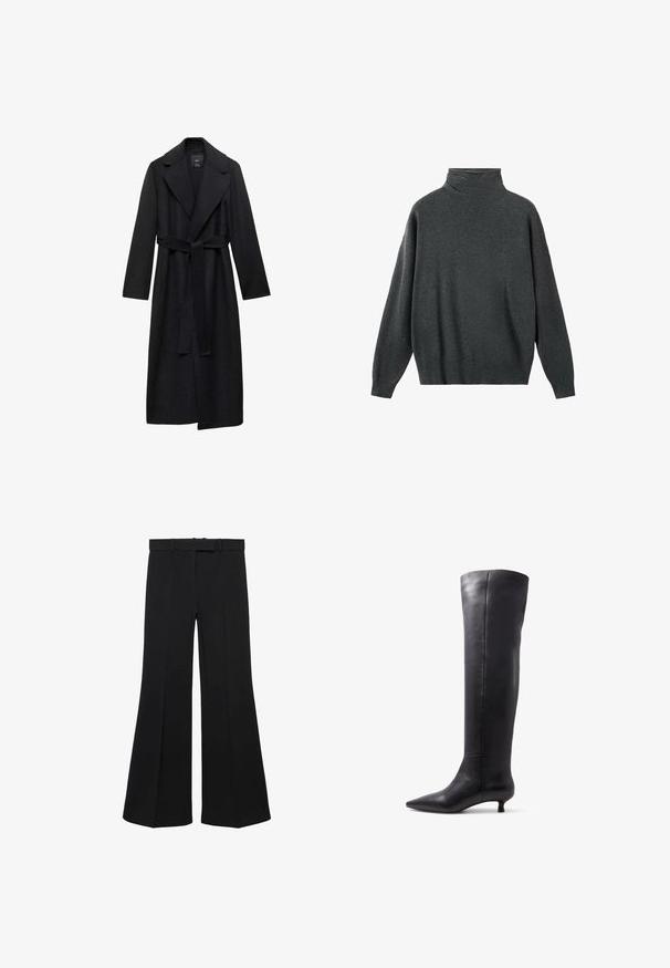 Zwarte wollen blend lange jas met een ceintuur in de taille, brede revers en lange mouwen. Heeft een schone, minimalistische stijl en een relaxte pasvorm.; Donkergrijze coltrui gemaakt van zachte stof, met een relaxte pasvorm, lange mouwen en geribbelde boorden en zoom. Gladde textuur.; Zwarte wijde broek met hoge taille, gestructureerd ontwerp en voorplooien. Gemaakt van een gladde stof met een discrete tailleband en riemlussen.; Kniehoge zwarte leren laarzen met een spitse neus en een kleine hak, met een gladde textuur en een minimalistisch ontwerp.