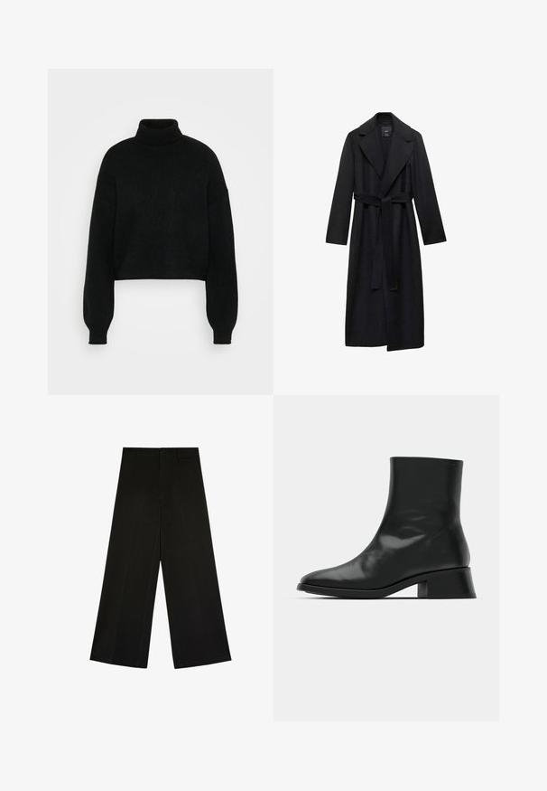 Manteau long en mélange de laine noir avec une taille ceinturée, des revers larges et des manches longues. Présente un design épuré et minimaliste avec une silhouette décontractée.; Pull en laine noir court avec col roulé haut, texture côtelée et manches larges. Fabriqué en matière tricot douce. Design simple sans motifs.; Pantalon noir à jambes larges avec fermeture par bouton et zip, passants de ceinture et plis d’avant, posé à plat sur fond blanc.; Bottine noire en cuir brillant, au design épuré, avec un bout pointu et un petit talon bloc pour plus de stabilité.