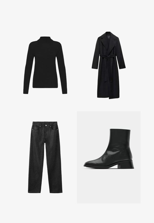 Sort uldblanding lang frakke med bælte i taljen, brede klapper og lange ærmer. Har et rent, minimalistisk design og en afslappet silhuet.; Sort langærmet turtleneck sweater med ribbet krave, manchetter og kant, præsenteret mod en hvid baggrund.; Sorte denimbukser med lige ben, der har fem lommer, sølvhardware og en glat tekstur.; Sort ankelstøvle lavet af blank læder, med et strømlinet design, spids tå og en moderat blokhælhøjde for stabilitet.