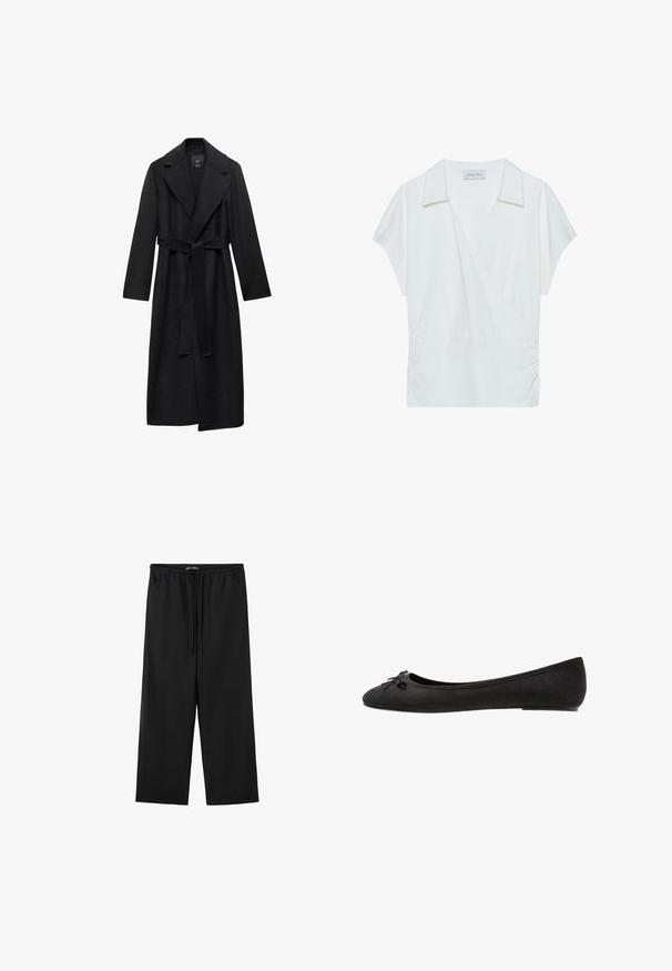 Manteau long en mélange de laine noir avec une taille ceinturée, des revers larges et des manches longues. Présente un design épuré et minimaliste avec une silhouette décontractée.; Blouse à col blanc en tissu lisse, avec des manches courtes et des détails froncés à la taille pour une coupe décontractée.; Pantalon noir à jambes larges avec taille élastique et lien de serrage, avec poches latérales et coupe décontractée.; Ballerines en daim noir avec un bout arrondi, ornées d'un nœud décoratif à l'avant et d'une semelle plate. Texture lisse et forme classique.