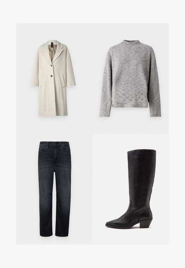 Manteau long léger en mélange de laine, de couleur blanche. Il possède un col cranté, deux poches avant et une fermeture à un bouton. Texture lisse.; Pull en maille gris clair avec un col montant, des manches longues et une coupe décontractée. Tissu texturé avec un motif légèrement moucheté.; Jean en denim foncé avec une coupe régulière, jambes droites, poches avant, une petite poche à monnaie et une fermeture à bouton. Texture lisse et peu de décoloration.; Botte en cuir noire mi-mollet avec un bout pointu et un talon bas incliné sur un fond clair uni.
