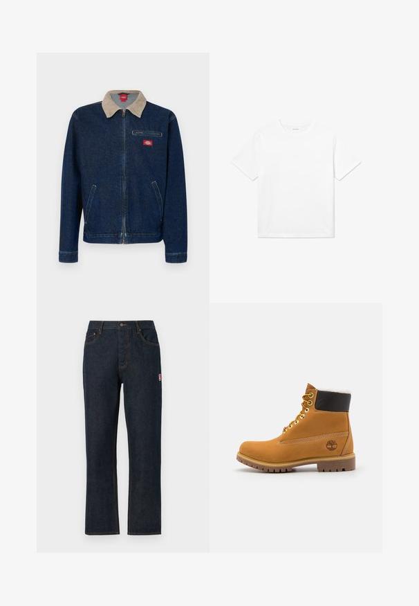 Donkere blauwe spijkerjas met een beige ribfluwelen kraag en ritssluiting. Voorzien van één borstzak en twee zijzakken.; Witte katoenen T-shirt met korte mouwen, een ronde halslijn en een rechte zoom. Glad textuur zonder zichtbare patronen of accenten.; Donkerblauwe denim jeans met rechte pijpen, klassiek vijfzakkenontwerp, sluiting met bovenste knoop en contrasterende oranje stiksels. Rode logopatch aan de zijkant.; Bruine leren enkellaars met metalen oogjes, witte faux bont voering, zwarte gewatteerde kraag, robuuste zool en een reliëflogo aan de zijkant.