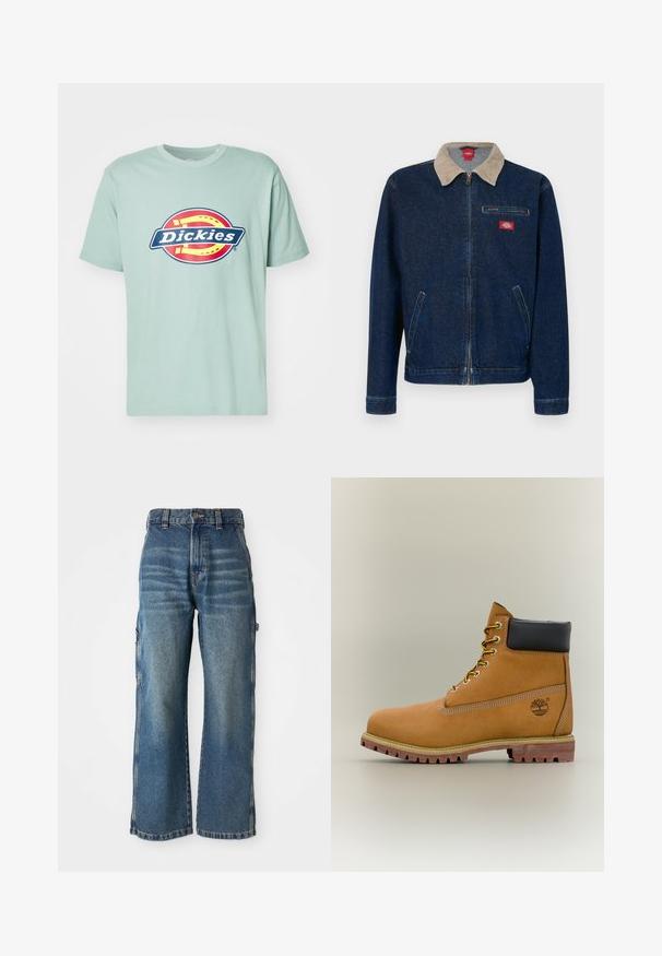 Chaqueta vaquera de color azul oscuro con cuello de pana beige y cierre de cremallera. Cuenta con un bolsillo en el pecho y dos bolsillos laterales.; Camiseta de algodón verde claro con un logotipo circular rojo y amarillo que contiene el texto "Dickies" en blanco. Mangas cortas y cuello redondo.; Jeans de corte amplio en denim de color azul claro con un acabado desgastado, que presentan una cintura alta, trabillas para cinturón y bolsillos laterales. Detalles de costura visibles.; Bota de tobillo de cuero marrón con cuello negro, cordones amarillos y suela beige. Presenta un logotipo y detalles de costura blanca. Suela exterior con tracción robusta.